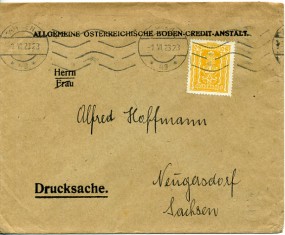 1923, 1.Jun., Drucks.-Bf.m. EF. 1/1 WIEN 1 *4g*(Masch.-Stpl.) nach Neugersdorf. Porto: 8...