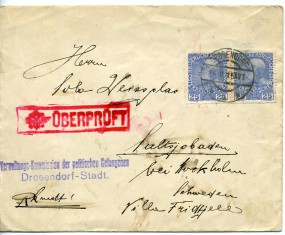 1915, 15.Mai , Bf.m. MeF. DROSENDORF *a*(Handstpl.) nach Schweden. Porto: K.0.50. M. rot...