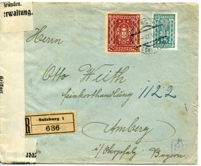 1922, 12.Aug., R-Bf.m. MiF. SALZBURG 1 *5b*(Handstpl.) nach AMBERG (OPF.) 2(Deutschlan...