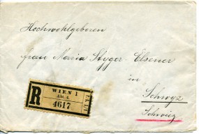 1922, 22.Jul., R-Bf.m. MiF. .. WIEN 1 *4e*(Handstpl.) nach SCHWYZ VII(Schweiz). Postla...