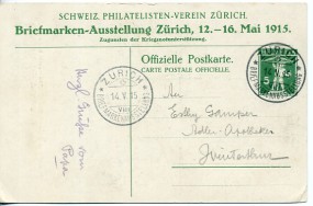 1915, 14.Mai , 5Rp.-GA-Kte. ZÜRICH VIII BRIEFMARKENAUSSTELLUNG(So.-Stpl.) nach Winterthu...