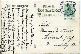 1911, 8.Apr., 5Pfg.-GA-Kte. STUTTGART No.8 h*(Handstpl.) nach Biberach. Porto: M 0.05.