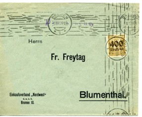 1923, 5.Okt., Bf.m. EF. BREMEN 1 **(Masch.-Stpl.) nach Blumenthal. Porto: 400.000 M.