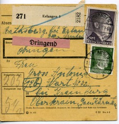 1944, 11.Aug., Paketkte. m. MiF. ERLANGEN 4 *b(Handstpl.) nach KRAINBURG (OBERKRAIN) 3 ...