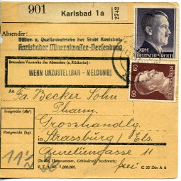 1943, 19.Mrz., Paketkte. m. MiF. KARLSBAD 1.(Handstpl.) nach Straßburg. Porto: RM 2.60.