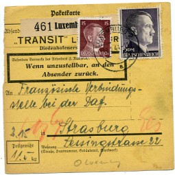 1944, 19.Feb., Paketkte. m. MiF. LUXEMBURG 2 a(Handstpl.) nach Straßburg. Porto: RM 2.15...