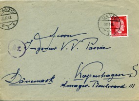 1943, 30.Dez., Bf.m. EF. DANZIG 1 *c(Handstpl.) nach Dänemark. Porto: RM 0.12. M. viol.d...