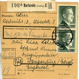 1944, 14.Feb., Paketkte. m. MiF. KARLSRUHE 2 (BADEN) *u(Handstpl.) nach WANGENBURG a. ...