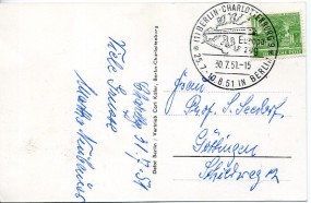 1951, 30.Jul., Ans.-Kte. m. EF. (1) BERLIN-CHARLOTTENBURG 9 - EUROPA-ZUG 25.7.-10.8.51 IN...