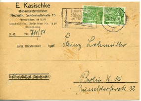 1951, 26.Jul., Bf.m. MeF. (1) BERLIN SW11 ai - EUROPA-ZUG 1951 25.JULI-10.AUGUST MESSEDAM...