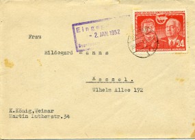 1951, 28.Dez., Bf.m. EF. WEIMAR 1 b(Handstpl.) nach Westdeutschland. Porto: M 0.24.