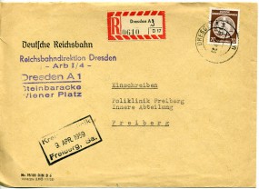 1959, 8.Apr., R-Bf.m. EF. DRESDEN A3 u(Handstpl.) nach FREIBERG (SACHSEN) 1 s. Postlau...