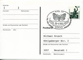 1992, 26.Apr., Kte. m. EF. 2300 KIEL 33 - TAG DER JUNGEN BRIEFMARKENFREUNDE(So.-Stpl.) n...