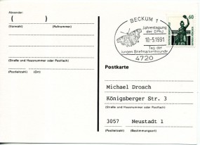 1991, 10.Mai , Kte. m. EF. 4720 BECKUM 1 - TAG DER JUNGEN BRIEFMARKENFREUNDE(So.-Stpl.) ...