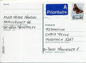 1993, 7.Jun., Lp.-Kte. m. EF. HADERSLEV(Masch.-Stpl.) nach Deutschland. Porto: Kr.3.75.