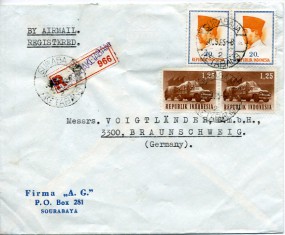 1965, 30.Sep., R-Lp.-Bf.m. MiF. SURABAJA KETABANG 2(Handstpl.) nach Westdeutschland. Por...