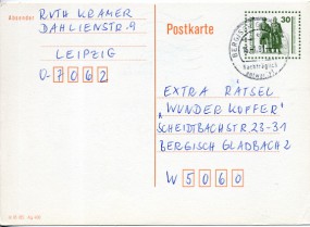 1991, ...Jan., 30Pfg.-GA-Kte. von Leipzig (o. Stpl.) nach BERGISCH GLADBACH 1 e NACHTRÄGL...