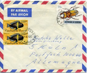 1970, 11.Aug., Lp.-Bf.m. MiF. BUJUMBURA 1(Handstpl.) nach Westdeutschland. Porto: 22 F.