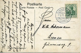 1911, 17.Jun., Ans.-Kte. m. EF. HAGEN (WESTF.) 1 *i(Handstpl.) nach Bremen. Porto: M 0.0...
