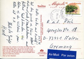 1996, 22.Jul., Ans.-Kte. m. EF. WASKESIU LAKE SASK.(Handstpl.) nach Deutschland. Porto: ...