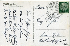 1939, 28.Jan., Ans.-Kte. m. EF. KÖLN-DEUTZ - IBRA 1939 2. INT. BRIEFTAUBEN-AUSSTELLUNG.....