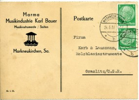 1936, 24.Mrz., Kte. m. MeF. MARKNEUKIRCHEN *b*(Handstpl.) in die Tschechoslowakei. Porto...