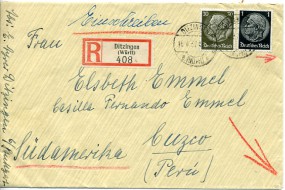 1937, 16.Apr., R-Bf.m. MiF. DITZINGEN (WÜRTT) *b(Handstpl.) nach CUZCO(Peru). Postlauf...