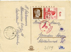 1945, 6.Jan., Kte. m. MiF. OLPE a(Handstpl.) in die Schweiz. Porto: RM 0.15. M. dt.Zensu...