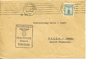 1940, 17.Feb., Bf.m. EF. HALLE (SAALE) 8 b(Masch.-Stpl.). Porto: RM 0.16.