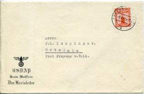 1942, 9.Jun., Bf.m. EF. FREYUNG (. WALD) b(Handstpl.) nach Ortmühle. Porto: RM 0.08.