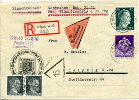 1942, 8.Sep., R-NN-Bf.m. MiF. LEIPZIG W33 a REICHSMESSESTADT(Handstpl.) nach LEIPZIG N2...