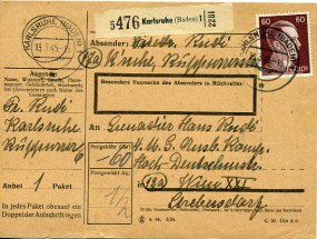 1945, 13.Mrz., Paketkte. m. EF. KARLSRUHE (BADEN) 1 w(Handstpl.) nach Wien. Porto: RM 0....