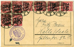 1923, 11.Okt., Kte. m. MeF. HALBERSTADT 1 *b(Handstpl.) nach Halle/S. Porto: 2 Mio. M.