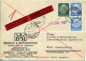 1937, 6.Jan., Eil-Kte. m. MiF. DRESDEN N25 f(Handstpl.) über TELEGRAPHENAMT WIEN 1 R/a...