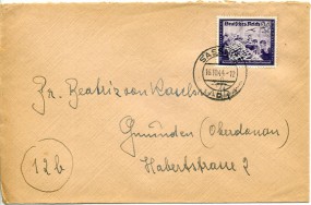 1944, 16.Okt., Bf.m. EF. SASSNITZ c(Handstpl.) nach Gmunden. Porto: RM 0.24.