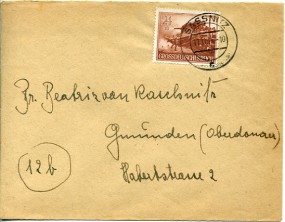 1944, 11.Nov., Bf.m. EF. SASSNITZ c(Handstpl.) nach Gmunden. Porto: RM 0.24.