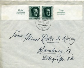 1937, 13.Sep., Bf.m. MeF. AURICH b(Handstpl.) nach Hamburg. Porto: RM 0.12.