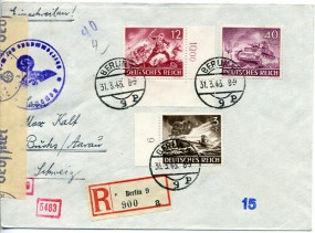 1943, 31.Mrz., R-Bf.m. MiF. BERLIN 9 p(Handstpl.) nach BUCHS (AARGAU) VI(Schweiz). Pos...