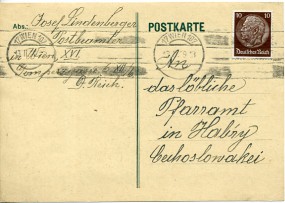 1939, 13.Feb., Kte. m. EF. 17 WIEN 107(österr. Masch.-Stpl.) in die Tschechoslowakei. Po...