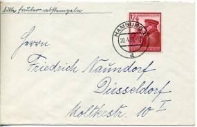 1939, 20.Apr., Bf.m. EF. HAMBURG 1 d(Handstpl.) nach Düsseldorf. Porto: RM 0.12.