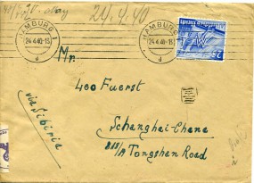 1940, 24.Apr., Bf.m. EF. HAMBURG 1 d(Masch.-Stpl.) nach SHANGHAI(China). Postlaufzeit:...