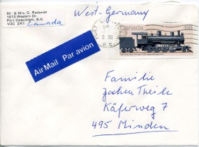 1985, 8.Dez., Lp.-Bf.m. EF. PORT COQUITLAM B.C.(Masch.-Stpl.) nach Westdeutschland. Sonn...