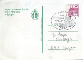 1987, 4.Mai , 60Pfg.-GA-Kte. 6720 SPEYER 1 - PAPST JOHANNES PAUL II. IN DER DIÖZESE SPEYE...