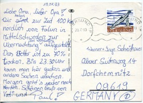 1993, 20.Jul., Ans.-Kte. m. EF. ÖSTERSUND 1P(Masch.-Stpl.) nach Deutschland. Porto: Kr.5...
