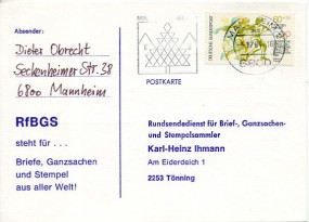 1984, 5.Dez., Kte. m. EF. 6800 MANNHEIM 2 me -..(undeutl.Masch.-Werbestpl.) nach Tönning...