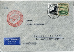 1936, 8.Dez., Lp.-Bf.m. MiF. GIESSEN 1 k(Handstpl.) nach BUENOS AIRES ARGENTINA - VIA A...