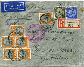 1938, 27.Sep., R-Lp.-Bf.m. MiF. HEIDELBERG 1 *aa(Handstpl.) nach Argentinien. Porto: RM ...