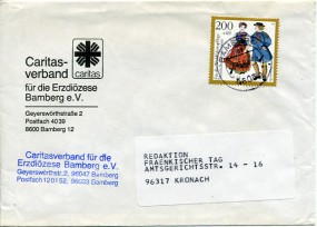 1994, 3.Mai , Bf.m. EF. 96052 BAMBERG 1 ae(Handstpl.) nach Kronach. Porto: DM 2.00.