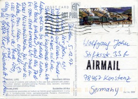 1997, 7.Dez., Lp.-Ans.-Kte. m. EF. DURBAN(Masch.-Stpl.) nach Deutschland. Sonntags geste...