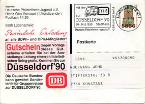 1990, ...Mai , 33Pfg.-GA-Kte. 5880 LÜDENSCHEID 1 101 - MIT DER DB ZUR DÜSSELDORF '90 20.-...